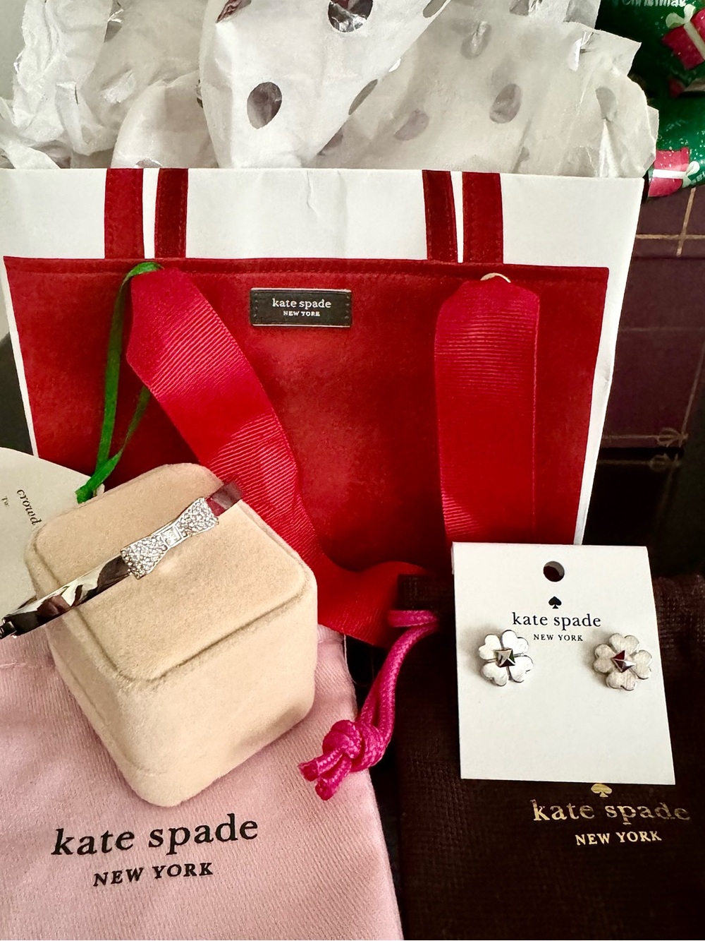 Kate Spade Gift Set NWT Flower Stud Earrings NWOT Bow Bangle,2Dust Bags,Gift Bag